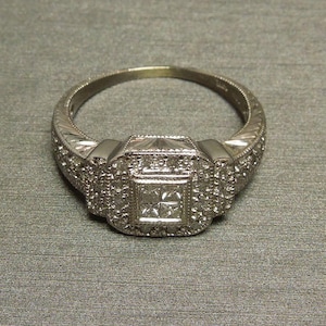 Vintage Art Deco Estate Hand Engraved 14K White Gold 0.72TCW Square Diamond Illusion Cluster Engagement Ring Sz 7.25
