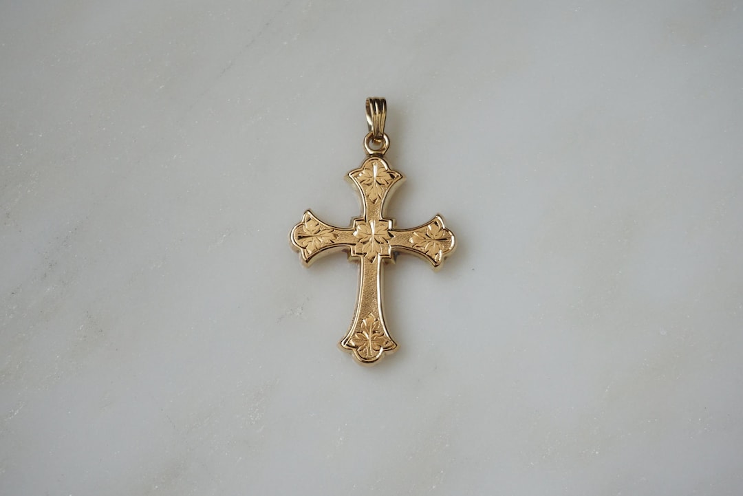 Antique 14K Gold Cross Antique Estate C1900 14K Gold Hand Engraved Floral  Motif Cross Pendant Antique Gold Flower Cross
