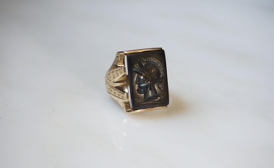 10K Gold Hematite Intaglio Ring / Unisex Men's Antique Estate