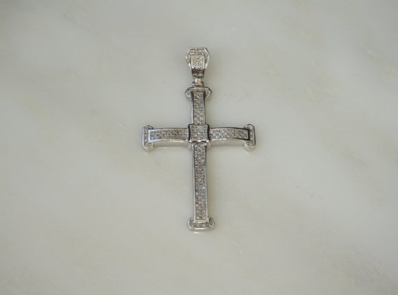 Sterling Silver Diamond Cross / Unisex Sterling Silver 0.40TCW Pave Round Diamond Art Deco Cross Pendant / Men's Diamond Cross  2.25"