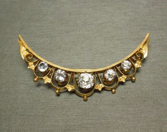 Antique New Orleans Estate C1875 Gold Filled Old European cut Crystal Crescent Pin / Brooch 2&quot; x 1&quot;