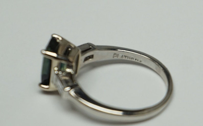 Mid Century Estate C1960 Platinum 2.42TCW Color Changing Blue-Green Sapphire Solitaire & Diamond Baguette Classic Engagement Ring Sz 5.5 image 7