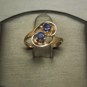 Vintage Retro Estate C1950 10K Yellow Gold 0.25TCW Double Natural Blue Sapphire ByPass Ring Sz 4.25