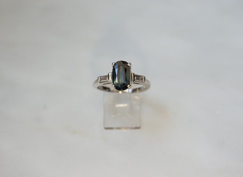 Mid Century Estate C1960 Platinum 2.42TCW Color Changing Blue-Green Sapphire Solitaire & Diamond Baguette Classic Engagement Ring Sz 5.5 image 1