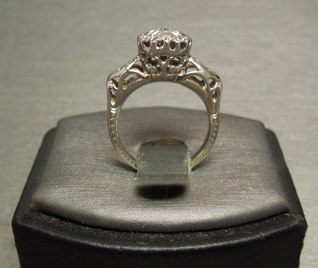 Antique Estate C1940 Hand Engraved 10K White Gold Filigree