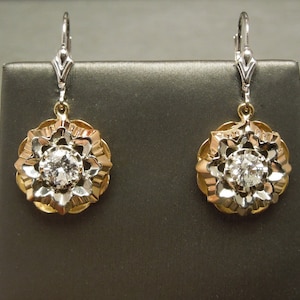 Vintage Estate C1950 14K Rose Gold 1.10TCW Round Brilliant cut Diamond Circular Starburst Statement Dangling Hanging Earrings
