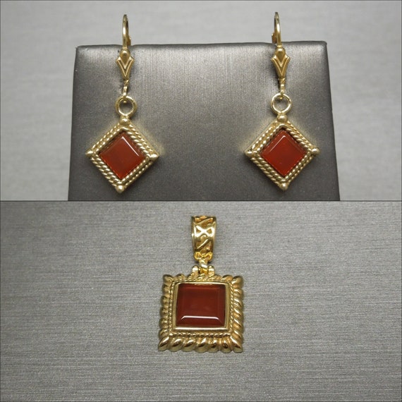 Vintage Estate C1970 Gold Vermeil Square Carnelian Ancient Roman Pompeii Pendant & Earrings Set