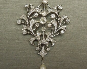 Antique Edwardian New Orleans / Natchez Estate Platinum 14K Gold 3.00TCW VVS VS Diamond Pearl Drop Lavalier Pendant Pin Brooch