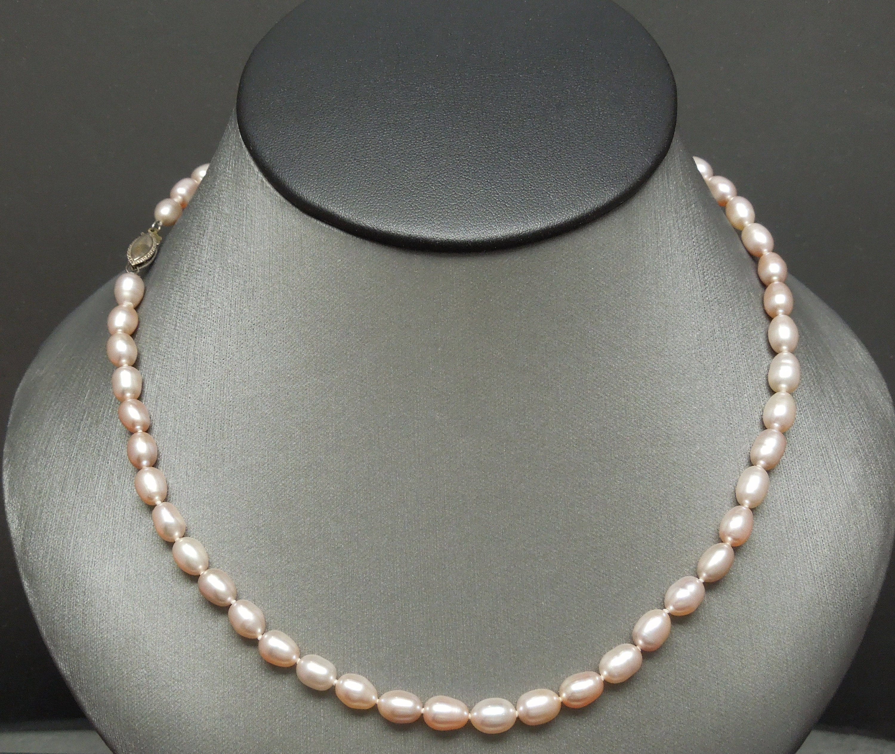 Vintage Estate Pink Rozay Cultured Drop Pearl Single Strand Marquise Sterling Silver Clasp Necklace 16"