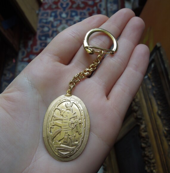 Vintage Mid Century Estate C1960 Gold Vermeil Sterling Silver Aztec Key Chain / Key Ring / Men's Gold Key Chain 4.25