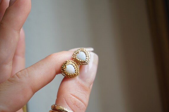 14K Gold Heart Opal Earrings / Vintage Estate C19… - image 8