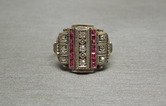 True Art Deco Estate C1920 18K Gold + Sterling Silver French cut Ruby & Old cut Diamond Ring / Art Deco Ruby Ring  Sz 8.25