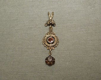 Vintage Estate C1950 14K Gold Antique Victorian Style 0.12TCW Orange Sapphire & Diamond Lavalier Pendant 1.50"