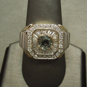 Men's Vintage Art Deco Inspired Estate C1980 14K White Yellow Gold 3.55TCW Natural Green Sapphire & Round Baguette Diamond Ring Sz 10.75