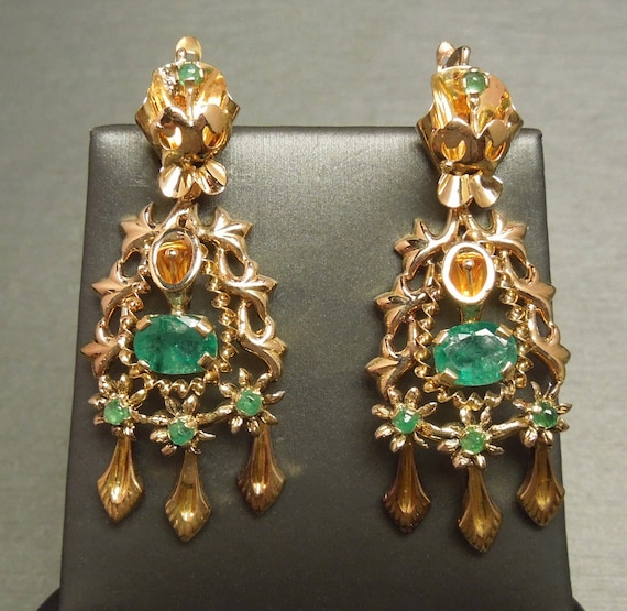 Antique Estate C1940 18K Gold 3.50TCW Natural Emerald Chandelier 