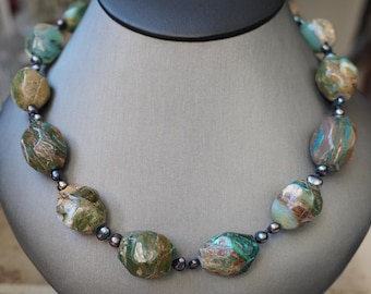 Earthy Opal Bead Necklace / Vintage Estate Ancient Pompeii Style Natural Opal & Peacock Pearl Necklace Sterling Silver Toggle Clasp  17.5"