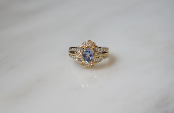 18K Sapphire Ring / Vintage Estate 18K Gold 1.87TCW Ceylon Sapphire Solitaire & Brilliant Diamond Baguette Ring / Ceylon Sapphire Ring  Sz 7
