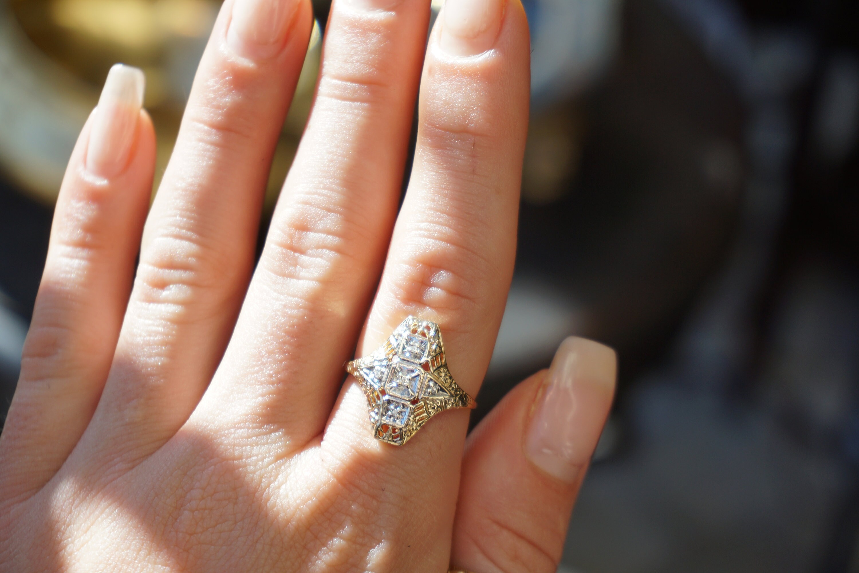 Art Deco Diamond Shield Ring / Vintage Estate C1970 10K Gold