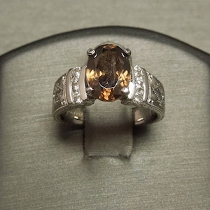 Vintage Estate C1980 14K White Gold Engraved Wide Band 3.48TCW Cognac Brown Zircon Solitaire & Diamond Engagement Ring Sz 5.5