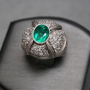 Art Deco Estate C1960 Platinum Engraved 2.50TCW Intense Green Emerald & Flawless Diamond Classic Dome Statement Ring Sz 5.5