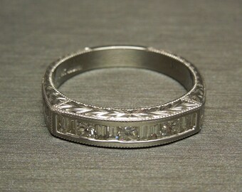 Unisex / Men's Estate Art Deco 14K White Gold Engraved Etched 0.55TCW Square & Baguette Diamond Wedding Band Sz 10
