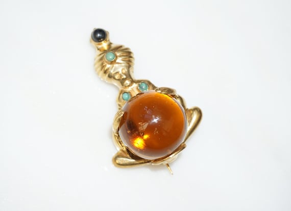 Vintage Genie Pin / Vintage Estate C1950 Gold Vermeil Sterling Silver Turquoise & Golden Orange Crystal Ball Genie Pin / Genie Brooch 2"