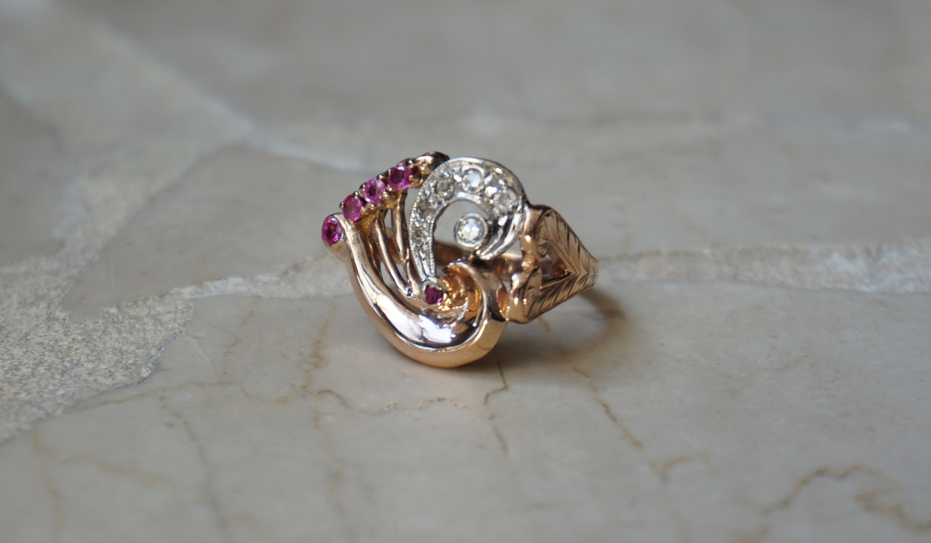 Antique True Art Deco Estate C1940 14K Rose Gold 0.50TCW