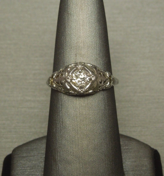 Antique Estate C1900 18K White Gold Floral Filigree J VS2 Old  European cut Diamond Solitaire Engagement Ring Sz
