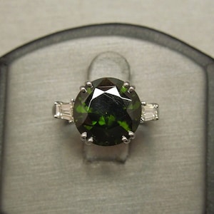 GIA Vintage Estate C1970 18K White Gold 7.61TCW Round Natural Green Zircon Solitaire & Colorless Flawless Baguette Diamond Engagement Ring