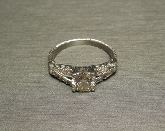 Antique Art Deco Estate C1940 Platinum Engraved 0.96TCW SI1 Pink Champagne Diamond Solitaire Engagement Ring Sz 4.25