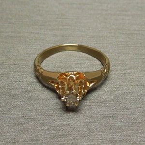 Antique Victorian Estate C1900 14K Gold 0.10ct VVS2 Fancy Champagne Diamond Buttercup High Profile Engagement Ring Sz 4