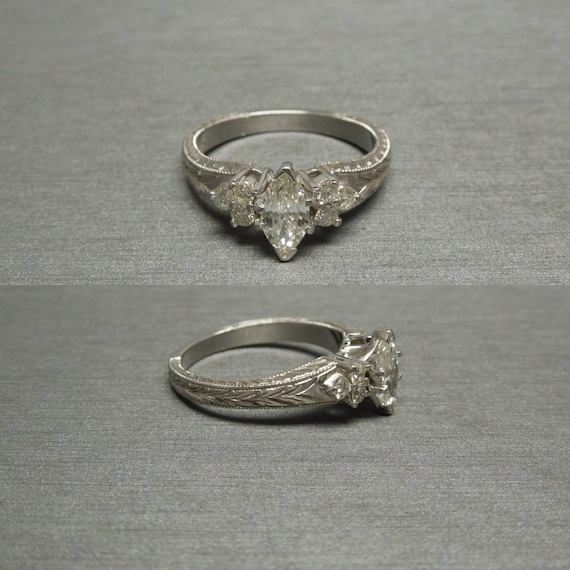 Vintage Estate 14K White Gold Engraved 0.70 carat Marquise Diamond Solitaire 0.95TCW Engagement Ring / White Gold Marquise Diamond  Sz 7
