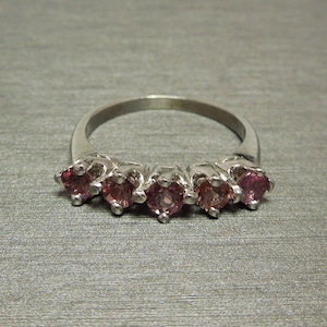 Vintage Estate C1960 14K White Gold 0.86TCW Five Stone Pink Rhodolite Garnet Sweetheart / Valentines Wedding Band Sz 5