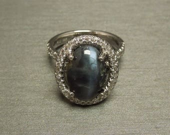 Vintage Estate C1980 14K White Gold 10.15TCW GIA Certified Cats Eye Alexandrite Solitaire & Diamond Halo Statement Engagement Ring Sz 6.75