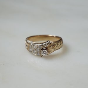 Mid-Century Diamond Ring / Vintage Estate C1960 Hand Engraved 14K Gold 0.34TCW Round Diamond Retro Art Deco Style Engagement Ring  Sz 7.5