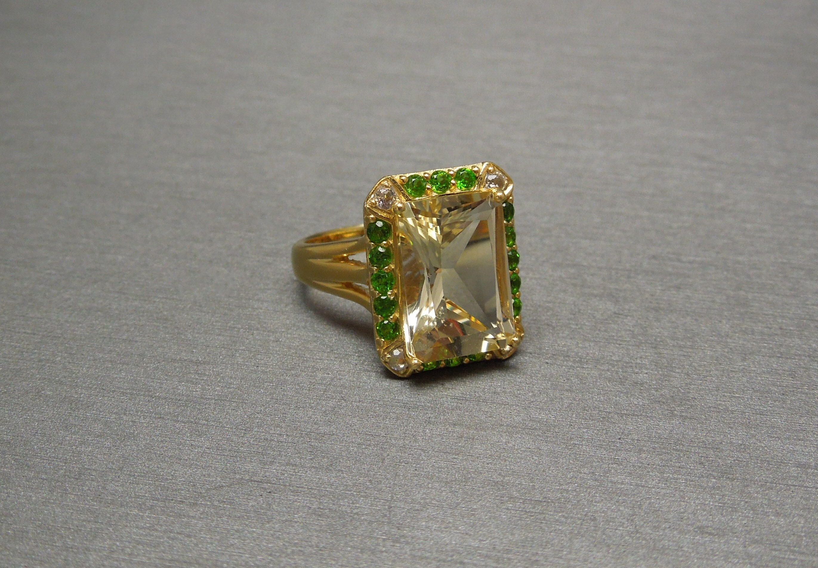 Vintage Estate Gold Vermeil 11.40TCW Lemon Topaz Radiant cut Solitaire & 'Emerald' Green Quartz Sterling Silver Halo Ring Sz 7