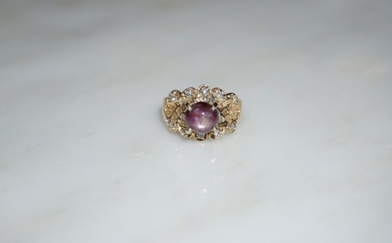 Star Ruby Ring / Vintage Estate 14K Gold 3.15TCW Ruby Solitaire & Diamond Basket Weave Filigree Wide Band Ring / Ruby Cigar Band  Sz 4.25
