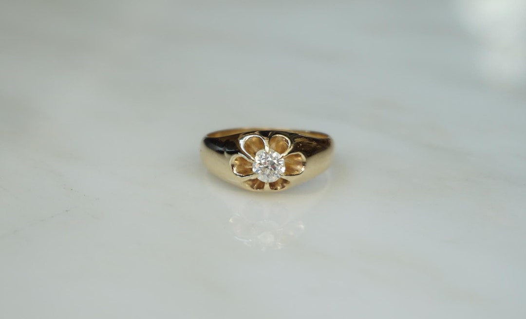 Diamond Gypsy Ring / Antique Estate C1880 14K Gold 0.55ct European Cut ...
