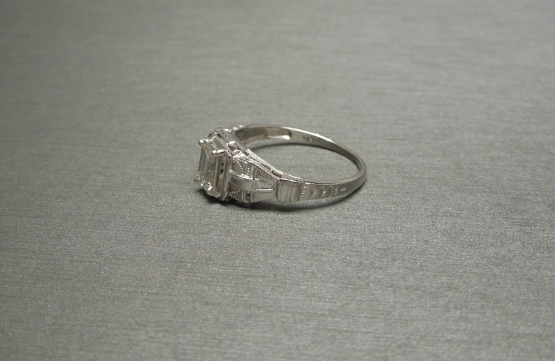 Pre Art Deco Emerald cut Diamond / Antique Estate C1910 14K White Gold 0.40 carat Emerald cut Diamond Solitaire Engagement Ring Sz 6.25 image 2