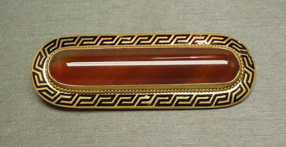 Antique Estate C1900 Greek Key / Greek Revival 925 Gold over Sterling Silver Carnelian Statement Bar Pin / Brooch 2.75"