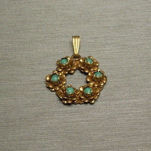 Vintage Estate C1960 925 Gold Vermeil Sterling Silver Turquoise Floral Wreath Circle Pendant 1.10&quot;