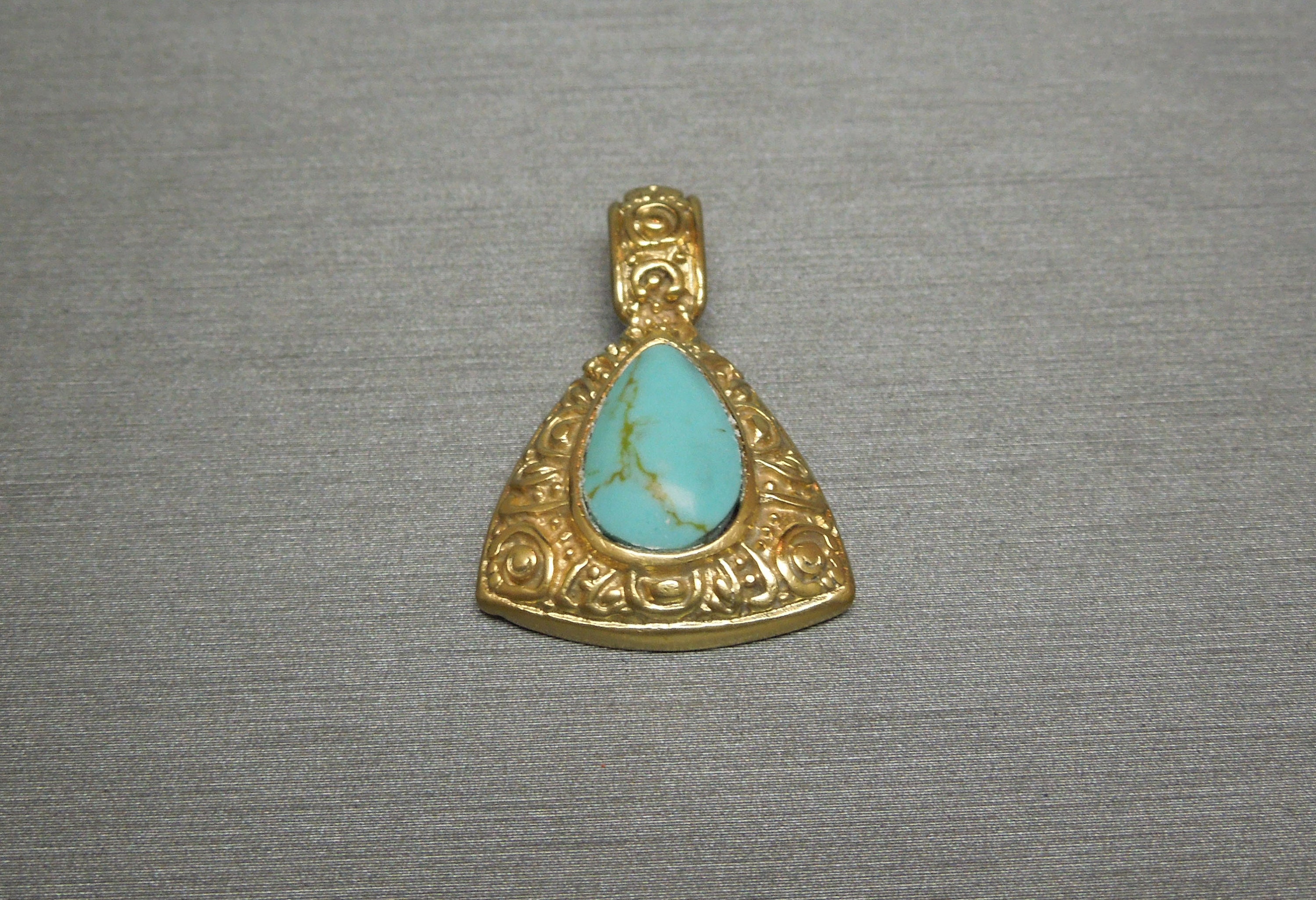 Vintage Estate Byzantine Style 925 Gold Vermeil Natural Turquoise Triangle Pyramid Pendant 1.25" x 0.75"