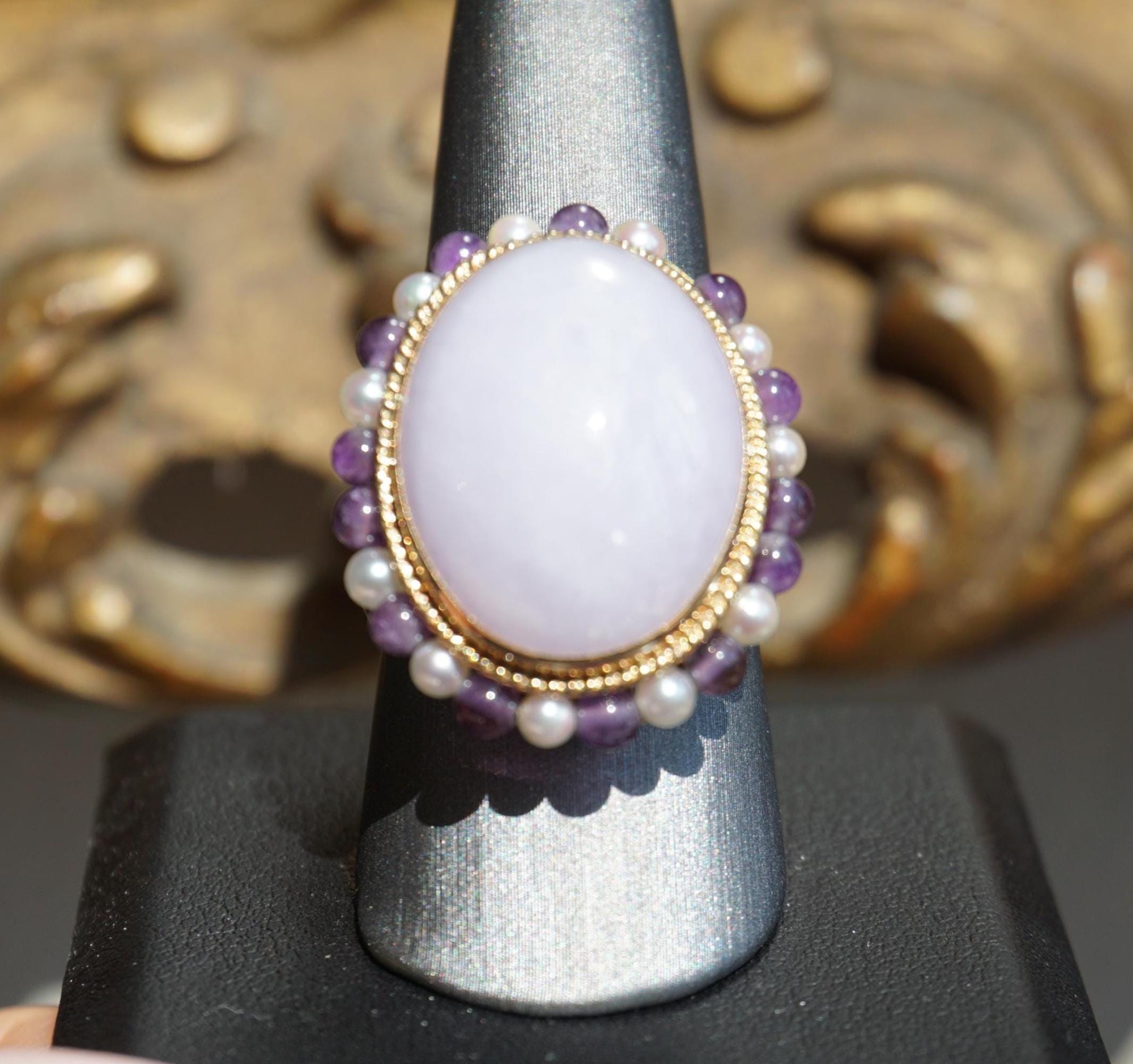Lavender Jade Ring / Vintage Estate Handmade 14K Gold Bezel 