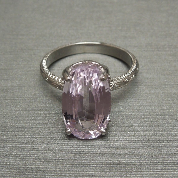 Antique Edwardian Inspired Estate 14K White Gold Filigree Engraved 8.70ct Pink Kunzite Solitaire Engagement Ring Sz 7.75