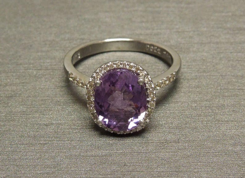 Estate 14K White Gold 3.76TCW Oval Multi-Faceted Amethyst Solitaire & Diamond Halo Engagement Ring Sz 6.5 image 6