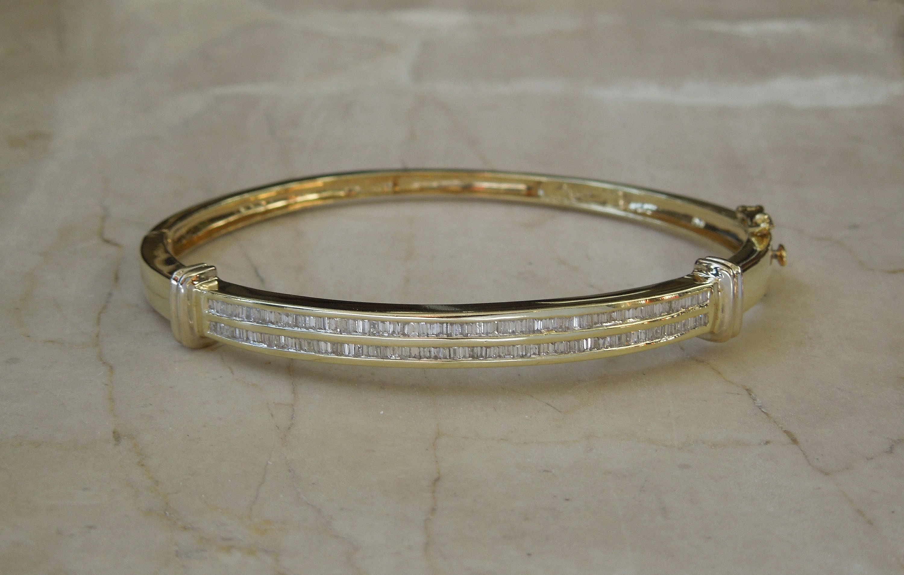 Vintage Estate 14K Gold Double Row 2.00TCW Baguette Diamond Bangle Bracelet / Gold Baguette Bangle 7 - 7.5