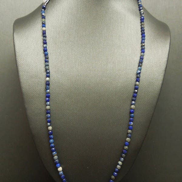 Vintage Estate C1980 Natural Lapis Lazuli Faceted Round Gemstone Bead Necklace w/ 14K White Gold Filigree Clasp 18"