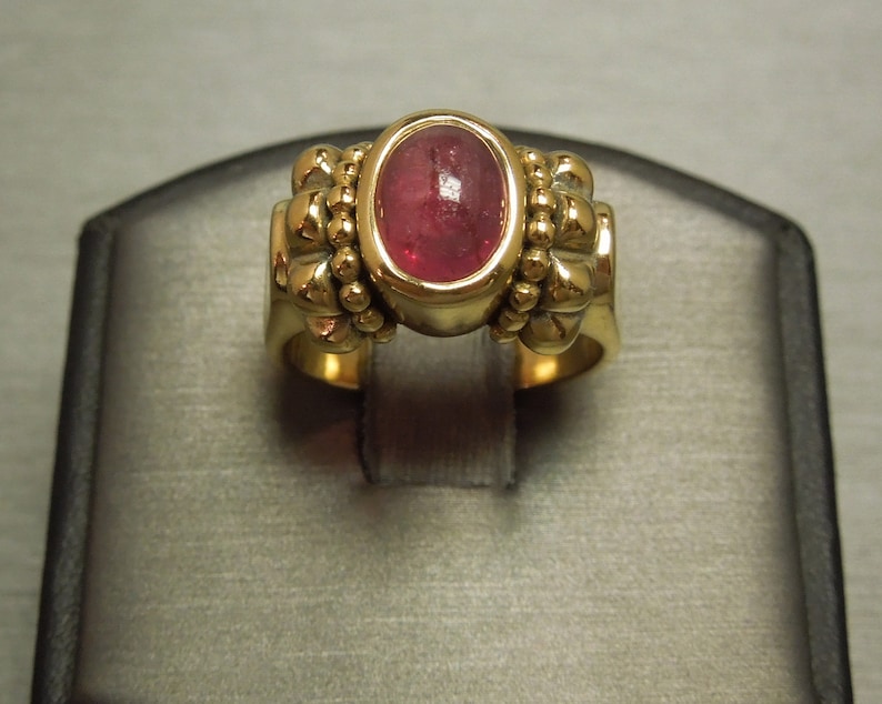 Unisex Vintage Estate Ancient Roman Style 925 Gold Vermeil 18K Gold Accent 2ct Pink Red Tourmaline Solitaire Ring Sz 7