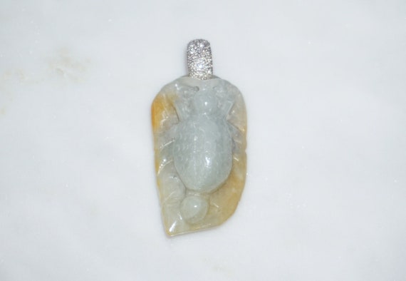 Jade Carving Pendant / Unisex Vintage Estate 14K Gold Pave Diamond Bale Natural Green & Yellow Jade Carving Amulet Pendant 2.25"