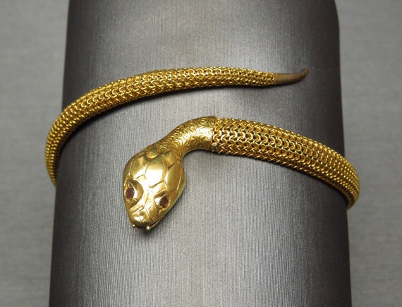 Antique Orientalist Estate C1900 14K Gold Snake Bracelet With Ruby